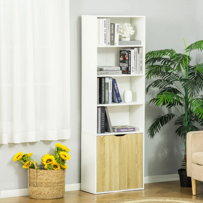 HOMCOM 4-Tier Open Bookshelf with Doors Modern Home Office Bookcase Storage Cabinet for Living Room Bathroom Study, Oak
