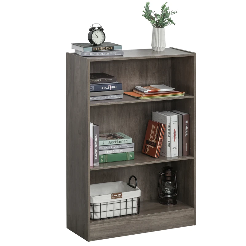 HOMCOM 3-Tier Bookcase Storage Cupboard with Adjustable Shelves Display Unit for Living Room, Office, Oak Grey