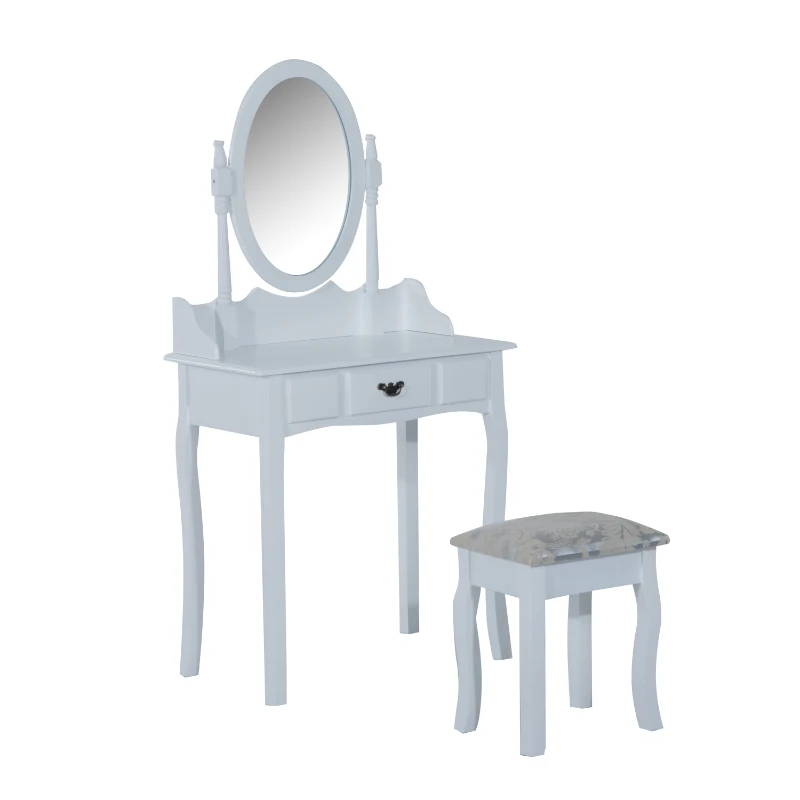 HOMCOM Vanity Table Set Oval Mirror Makeup Dressing Table with Cushioned Stool Bedroom Furniture White