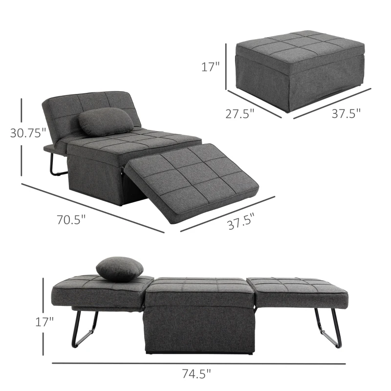 HOMCOM 3-in-1 Convertible Sleeper Sofa Bed Guest Bed Cot Lounge Chair Footstool with 5-Position Backrest Pillow, Linen Grey