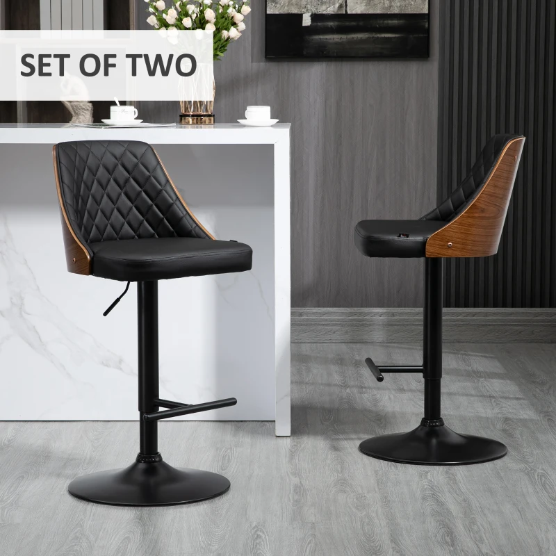 HOMCOM Adjustable Bar Stools Set of 2 Swivel Counter Height Barstools Chairs, PU Leather Solid Wood Back and Footrest, Black