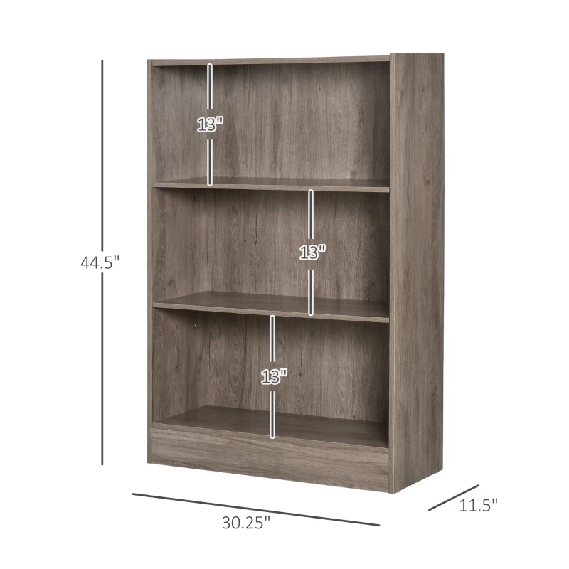HOMCOM 3-Tier Bookcase Storage Cupboard with Adjustable Shelves Display Unit for Living Room, Office, Oak Grey