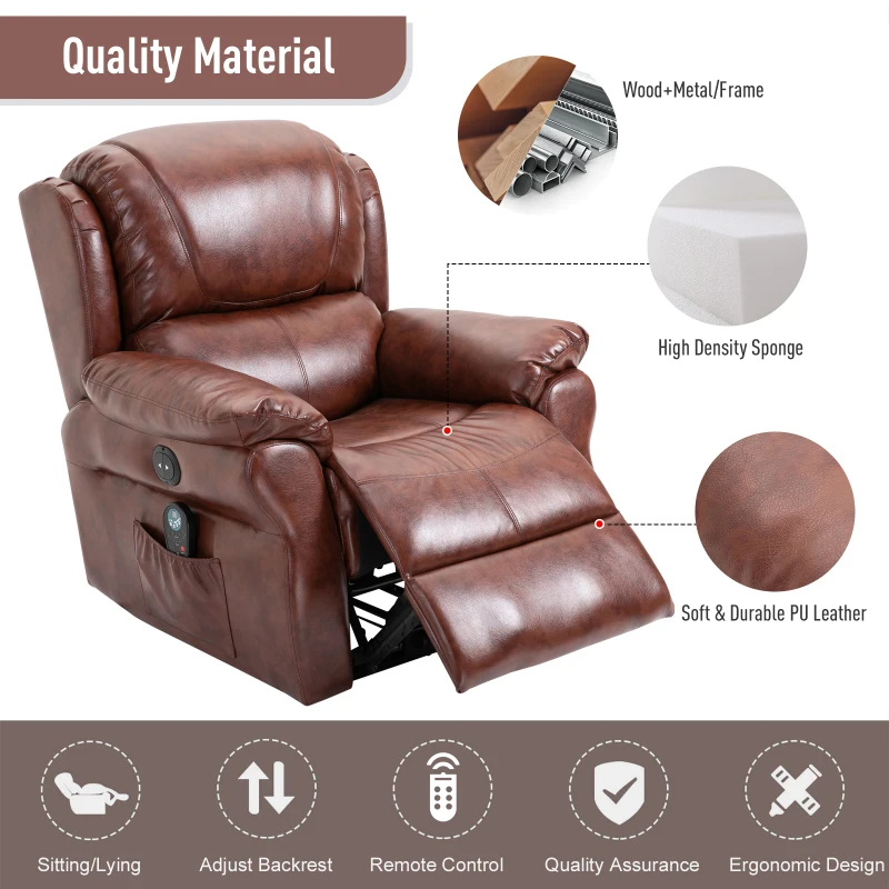 HOMCOM PU Leather Recliner Chair with Massage, Vibration, Muti-function Ergonomic Lounge Padded Sofa Chair with Remote Control for Dining Living Room, Brown