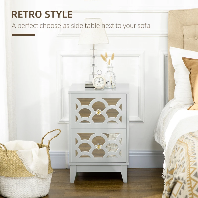 HOMCOM Modern Bedside Table, Side End Table with Drawers and Front Mirror, 15.4"x14.4"x23.6", Gray