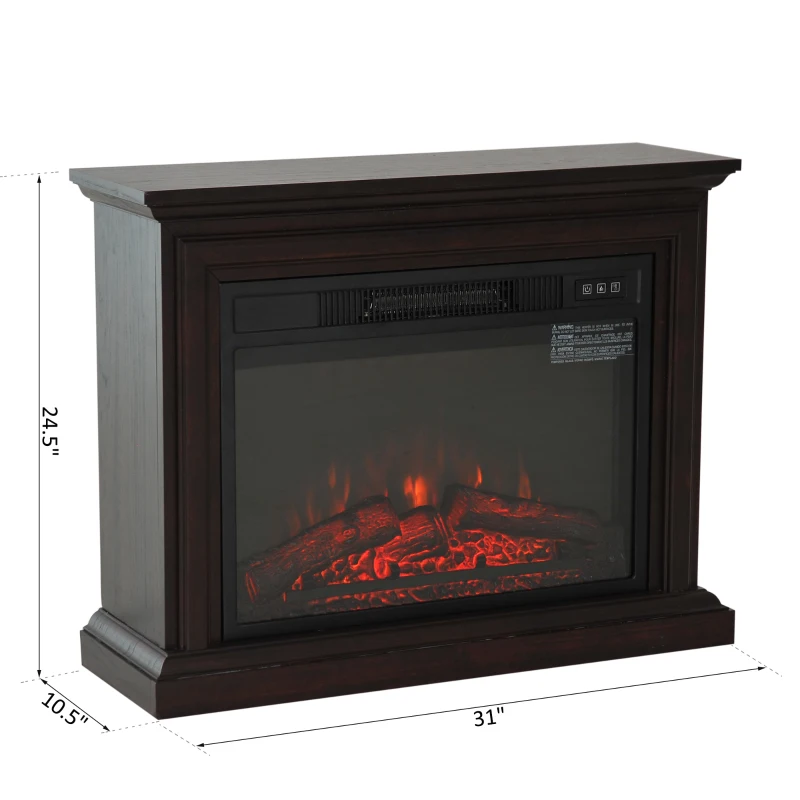 HOMCOM 31" Electric Fireplace with Dimmable Flame Effect and Mantel, Freestanding Space Heater with Log Hearth and Remote Control, 1400W, Dark Brown