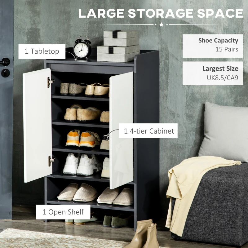 HOMCOM Modern Shoe Cabinet with High Gloss White Doors, Adjustable Shelves and Open Compartment, 15 Pair Shoe Storage Cabinet for Entryway, Hallway, Grey