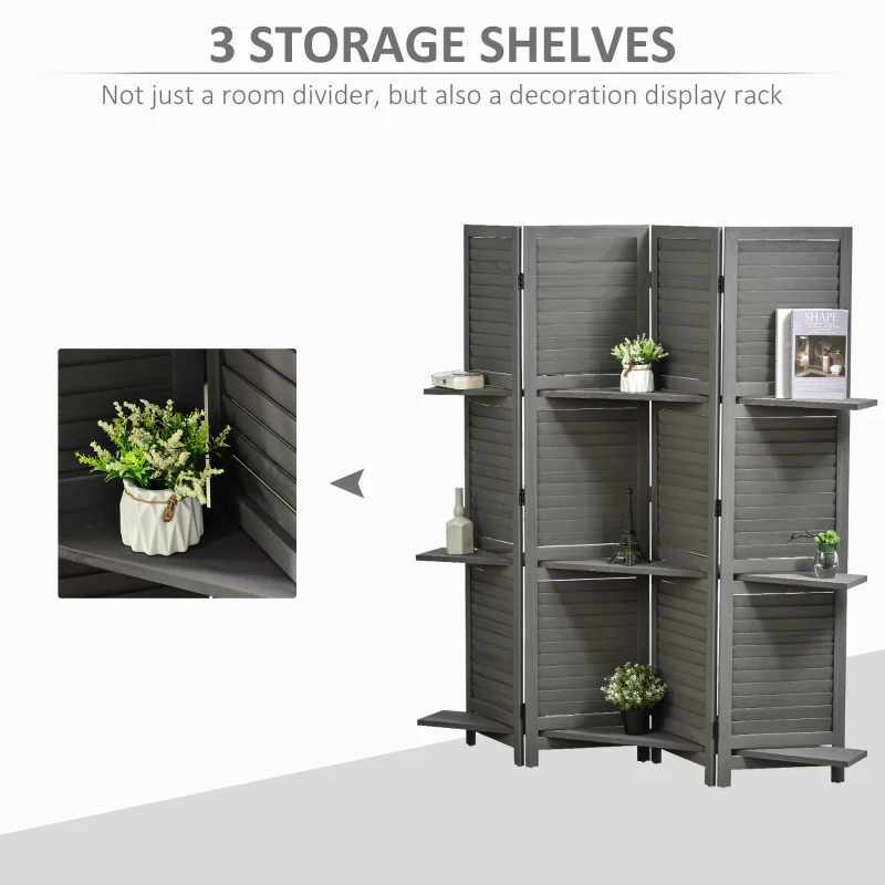 HOMCOM 4-Panel Wall Partition Room Separator with 3 Storage Shelves Foldable Design Wooden Frame 5.6FT Grey