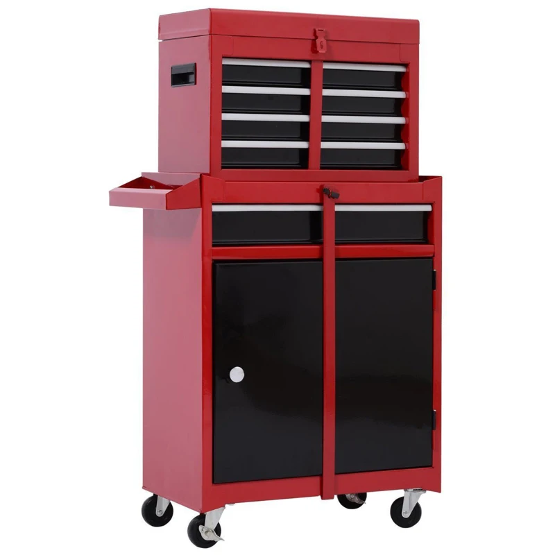HOMCOM 20-Inch 2-in-1 Rolling Tool Cart Wheeled Storage Cabinet Organizer with Drawers - Black/Red