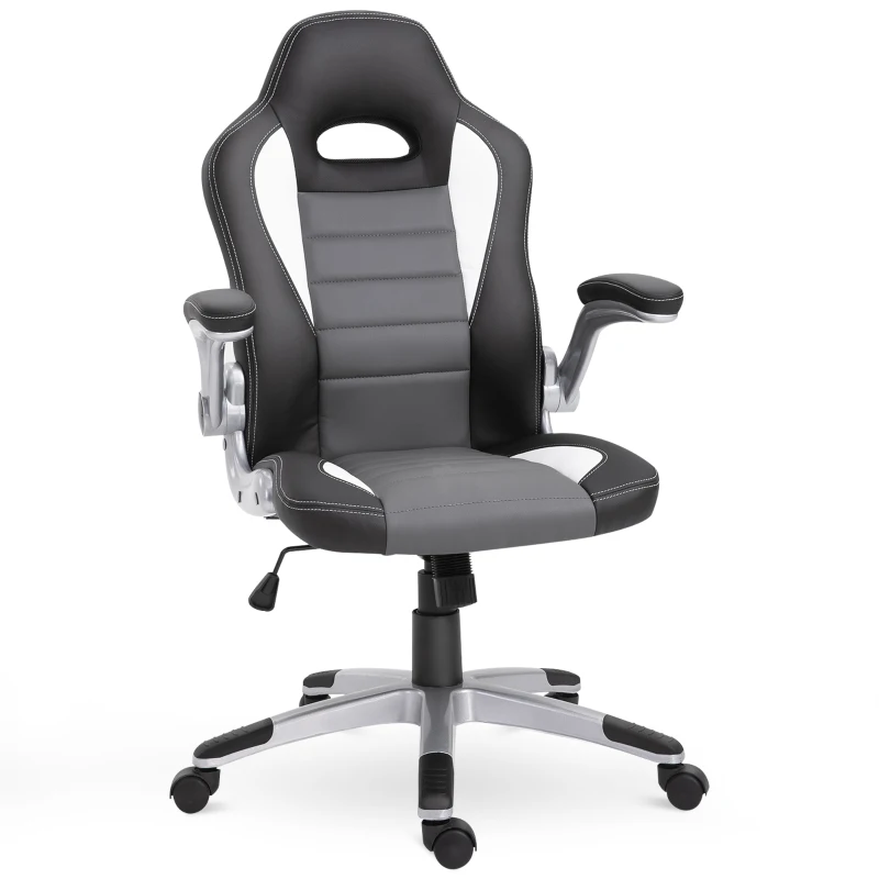HOMCOM Racing Gaming Chair PU Leather Office Chair Executive Computer Desk Chair with Adjustable Height, Flip Up Armrest, Swivel Wheels, Grey