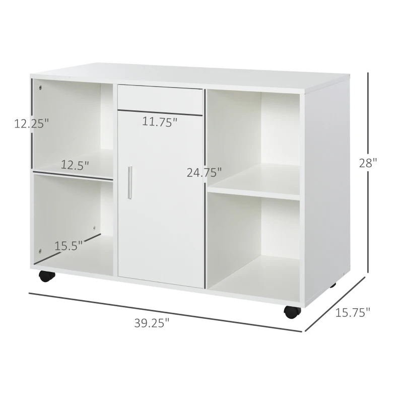 Vinsetto Mobile Office File Cabinet with Door Storage Shelves Printer Stand Unit With 360 Degree Casters White