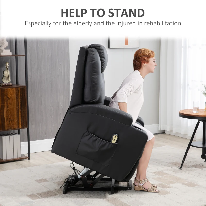 HOMCOM PU Leather Power Lift Chair for Elderly with Cup Holders Side Pockets Footrest and Remote Control (Black)