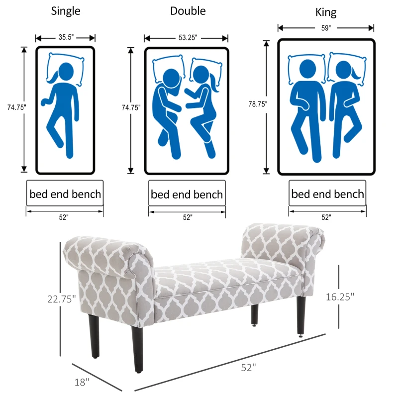 HOMCOM 52" Rolled Arm Bed Bench Bedside Footstool End of Bed Furniture Grey