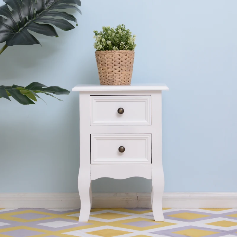 HOMCOM Set of 2 Wood Bedside Table Storage Nightstand Free Standing Cabinet Vintage Style Lamp Desk w/ Drawer White