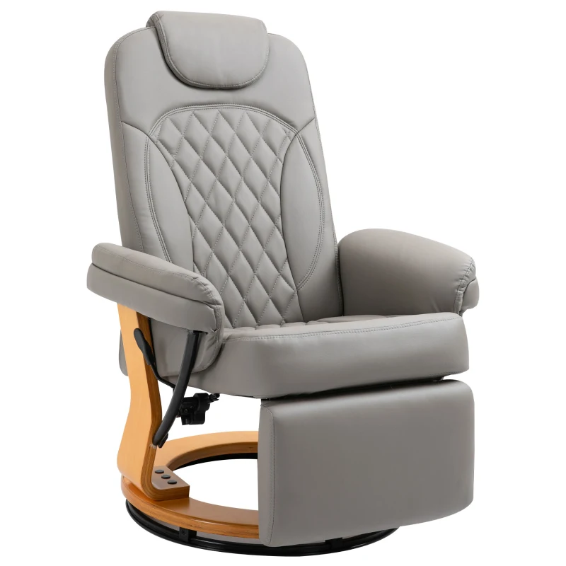HOMCOM Manual Recliner Chair Faux Leather Upholstered Lounge Reading Armchair Sofa with Footrest, Headrest, Round Wood Base for Living Room, Bedroom, Office, Grey