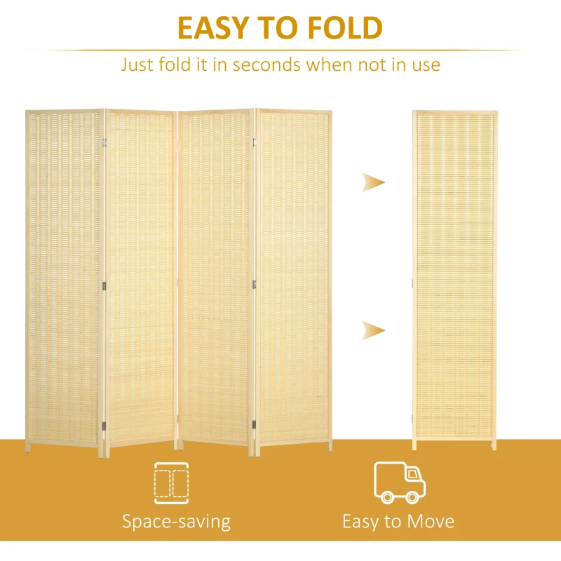 HOMCOM Woven Bamboo Room Divider, 4 Panel Folding Indoor Privacy Screens for Home Office, 71"x71"x0.6", Natural