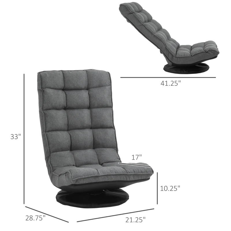 HOMCOM 360° Swivel Floor Chair, Folding Recliner Gaming Chair, Lazy Sofa Lounger with Adjustable Backrest Headrest, Thick Sponge Padding, Relaxing Reading, Light Grey