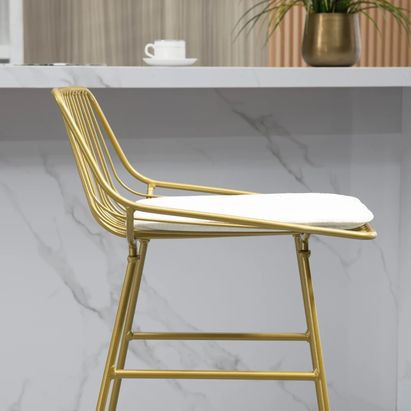 HOMCOM Modern Bar Stools Set of 2, Metal Wire Bar Height Barstools, Bar Chairs for Kitchen with Removable Cushion, Back and Footrest, Gold