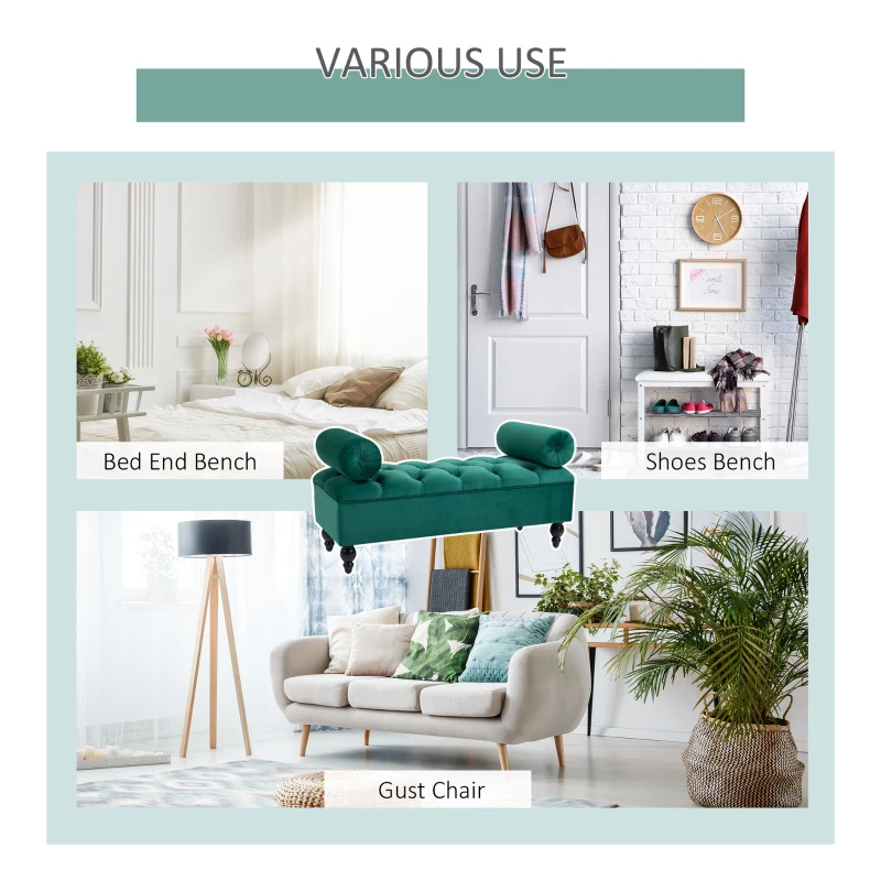 HOMCOM Upholstered Velvet Bench Button Tufted Multipurpose Shoe Stool for Living Room, Bedroom, Entryway, Green