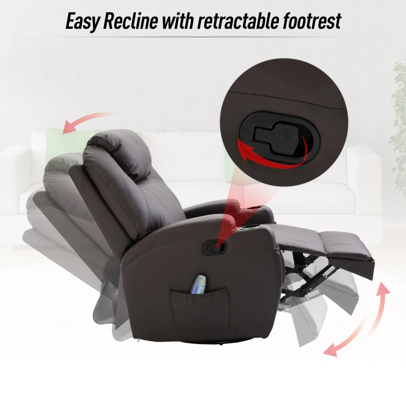 HOMCOM Faux Leather Recliner Chair with Massage, Vibration, Muti-function Padded Sofa Chair with Remote Control, 360 Degree Swivel Seat with Dual Cup Holders, Brown