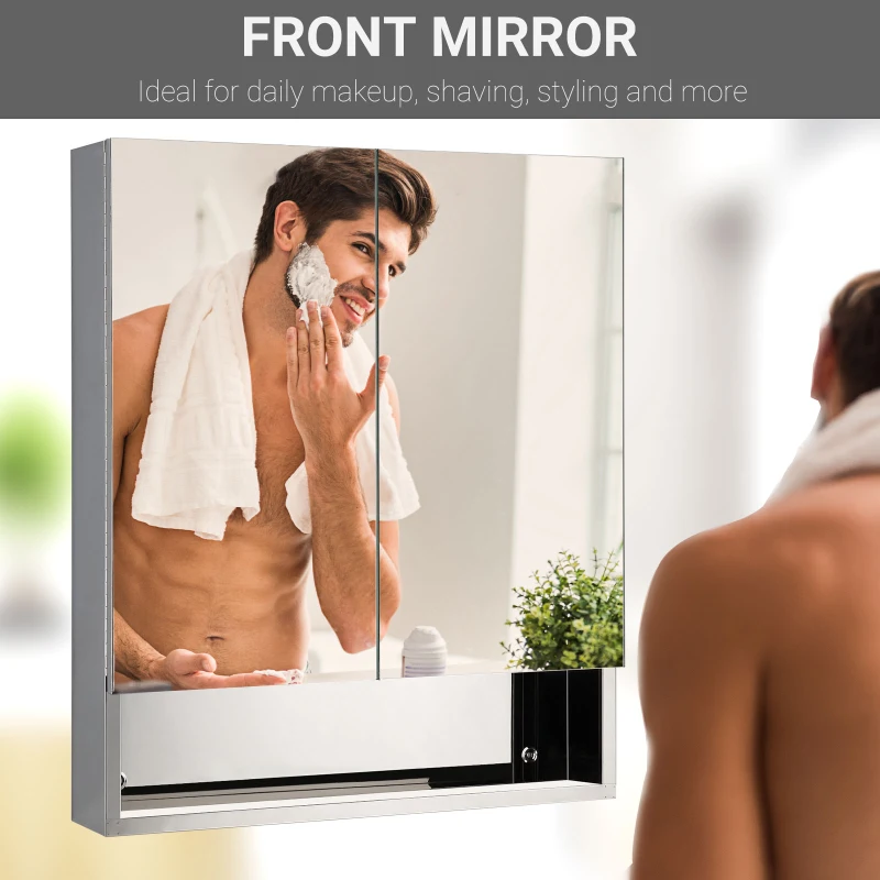 kleankin Wall Mount Bathroom Mirror Cabinet, Medicine Cabinet with Shelves Storage Organizer Stainless Steel Double Doors