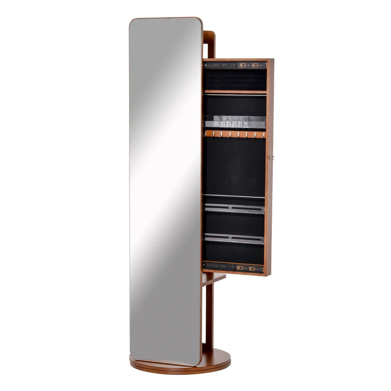 HOMCOM Full Length Mirror with Jewellery Cabinet, Hanging Cloth Bar, Coat Rack, 360° Rotate Floor Mirror for Bedroom, Living Room, Light Walnut