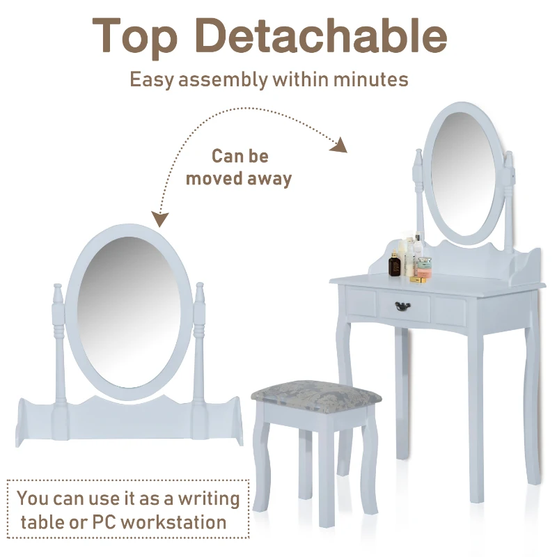 HOMCOM Vanity Table Set Oval Mirror Makeup Dressing Table with Cushioned Stool Bedroom Furniture White