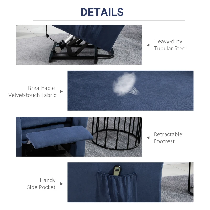 HOMCOM Electric Power Lift Recliner Velvet-Touch Fabric Chair with Remote Control for Elderly With Footrest, Reinforced Heavy Duty Reclining Mechanism, Living Room