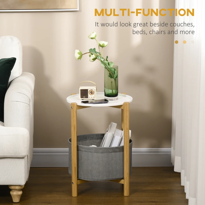 HOMCOM Round Side Table with Detachable Tray Top and Fabric Storage Basket, End Table with Bamboo Frame