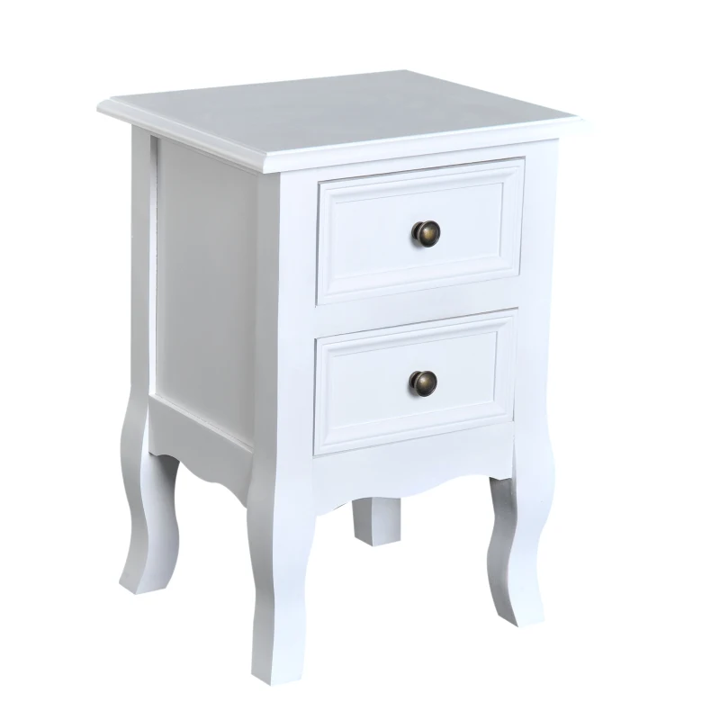 HOMCOM Set of 2 Wood Bedside Table Storage Nightstand Free Standing Cabinet Vintage Style Lamp Desk w/ Drawer White