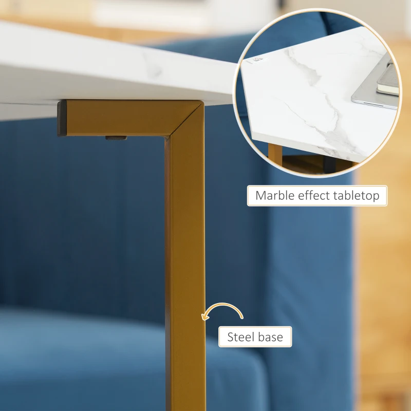 HOMCOM Nesting Tables Set of 3, Hexagon Side End Table with Marble Effect Top and Steel Legs for Living Room Bedroom, White and Gold