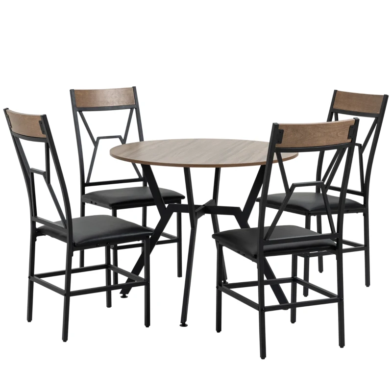 HOMCOM 5 Pieces Diner Tables Industrial Dining Room Sets for 4 People with Round Table Padded Seat and Steel Frame Brown
