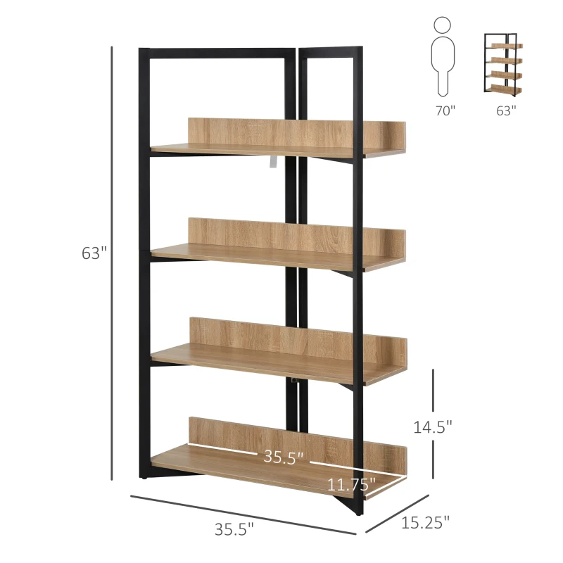 HOMCOM 4-Tier Freestanding Bookcase Bookshelf, Metal Frame Wooden Storage Organizer Shelf with Anti-toppling Design for Home Office, Oak & Black