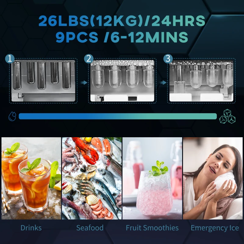 HOMCOM Portable Ice Makers Countertop, Self Cleaning Ice Machine with Ice Scoop and Basket, 9 Ice Cubes Ready in 6 Mins, 26lbs/24Hrs, 2 Sizes of Bullet Ice for Home Office, Black