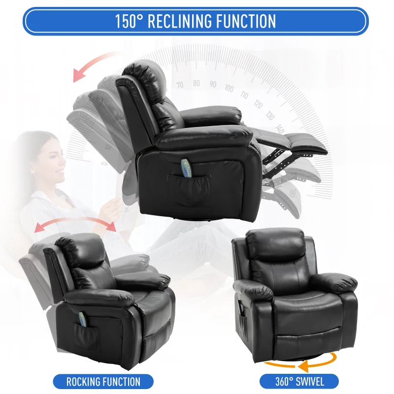 HOMCOM Deluxe Manual Recliner Electronic Heated Massage Sofa Recliner Chair Leather Lounge Black