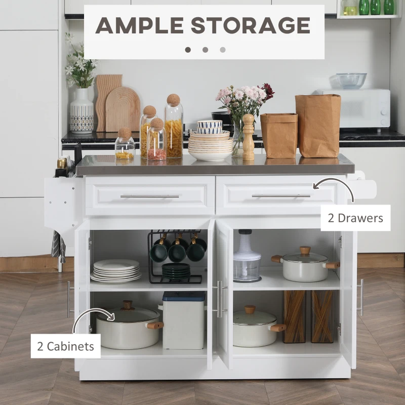 HOMCOM Rolling Kitchen Island on Wheels, Storage Cart with Stainless Steel Top, White