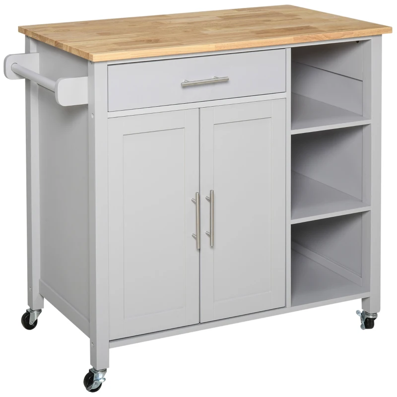 HOMCOM Wooden Rolling Kitchen Island on 360° Swivel Wheels Dining Cart with Drawer, Towel Rack for Kitchen, Grey
