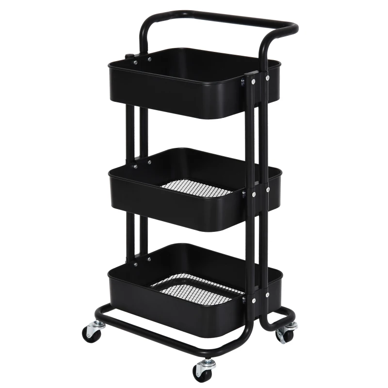 HOMCOM 3-Tier Rolling Serving Cart Utility Kitchen Trolley Storage Cart Multifunction Organizer Shelving Units with Wheels, Black