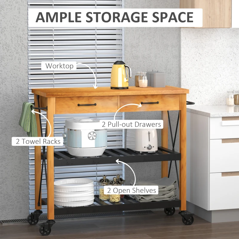 HOMCOM 46" Rolling Kitchen Cart Island on Wheels Trolley, Cabinet with 2 Drawers, Storage Shelf, Natural Rubberwood Top, Black