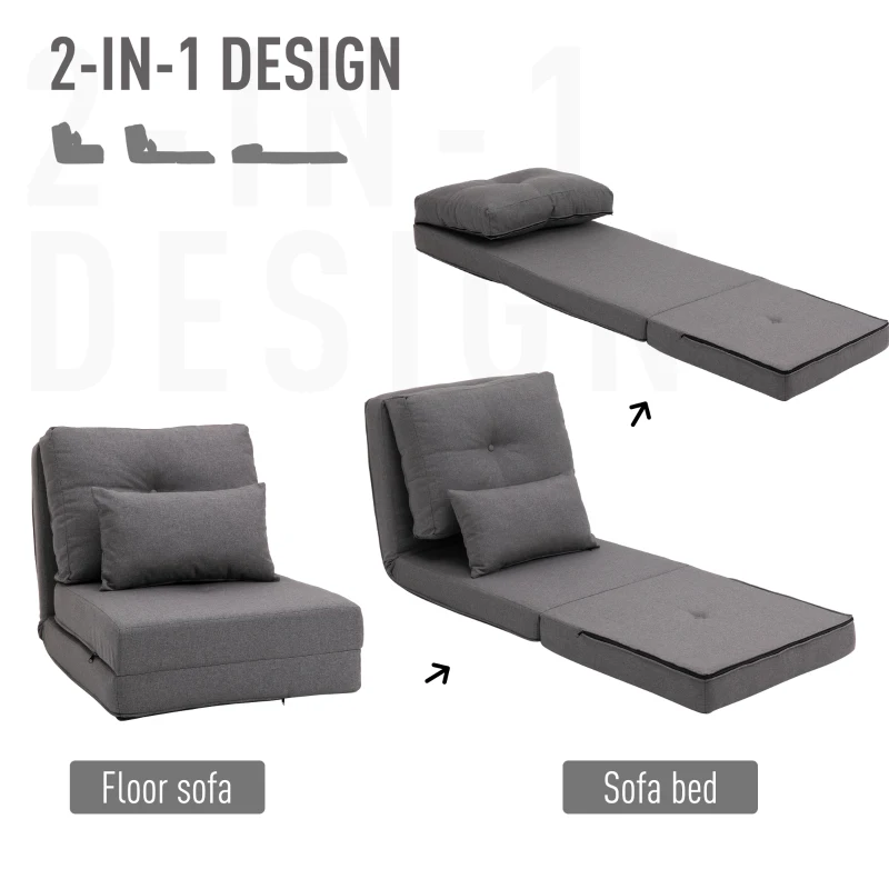 HOMCOM 2-In-1 Design Modern Style Floor Lazy Sofa with 5 Position Adjustable Backrest, Thick Padding, Metal Frame and 2 Pillows, for Living Room, Study, Bedroom, Balcony, Dark Grey