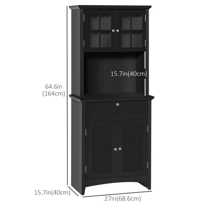 HOMCOM 64.6" Tall Kitchen Pantry Storage Cabinet with Microwave Stand, Freestanding Buffet Cabinet with Hutch, Glass Doors, Drawer and Adjustable Shelves, Black