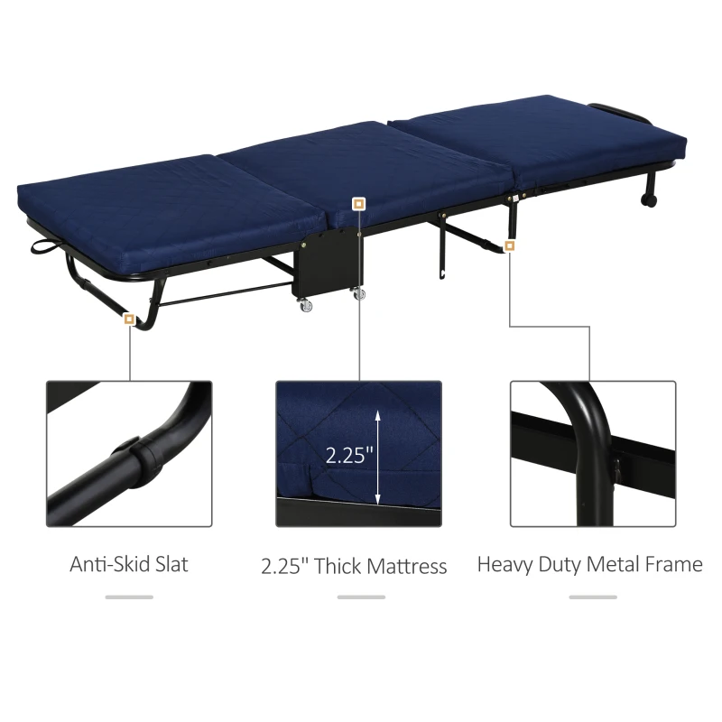 HOMCOM 72.5" Adjustable Folding Bed, Rollaway Guest Bed with Adjustable Head, 2.25 Inch Thick Padded Mattress Heavy Duty Portable Metal Frame with 5 Caster Wheels, Blue