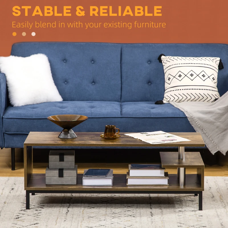 HOMCOM Modern Coffee Table, Center Table with Open Storage Compartments, Elevated Metal Legs, for Living Room, Bed Room, Brown