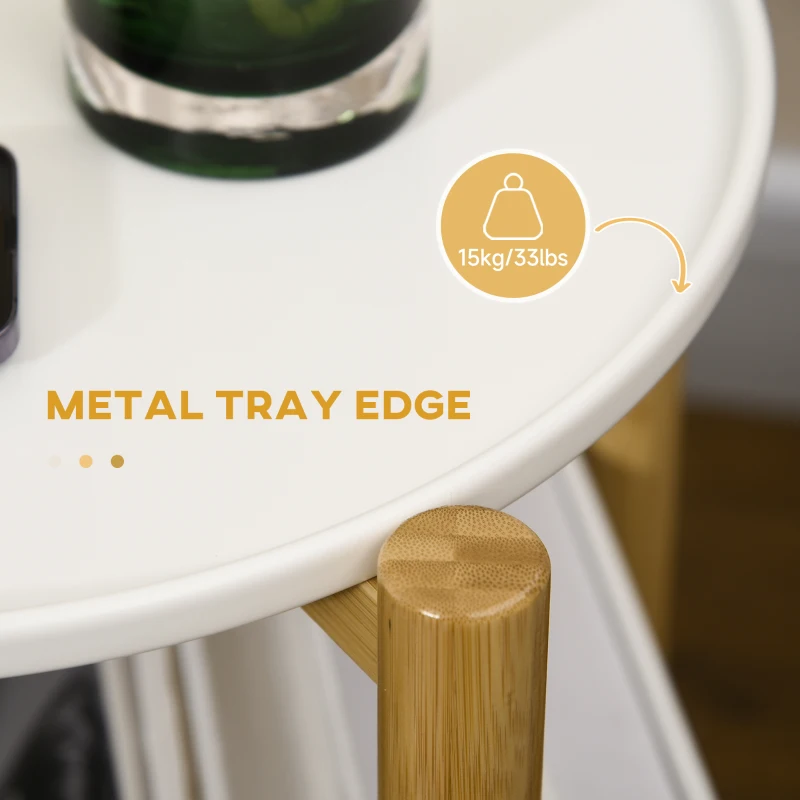 HOMCOM Round Side Table with Detachable Tray Top and Fabric Storage Basket, End Table with Bamboo Frame