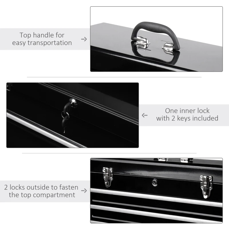 HOMCOM 3-Drawer Tool Storage Chest Steel Tool Box Organizer Portable Garage Tool Cabinet Toolbox w/ Handle Black