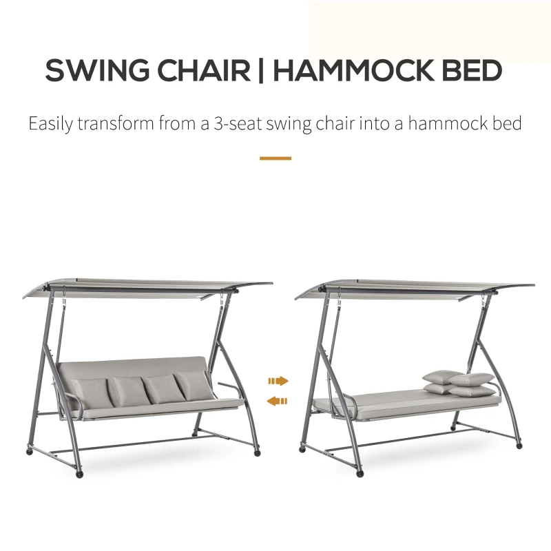 Outsunny Patio Swing Chair, 3 Person Convertible Hammock, Outdoor Swing Lounge Bed, Cushioned with Tilt Canopy, Light Grey
