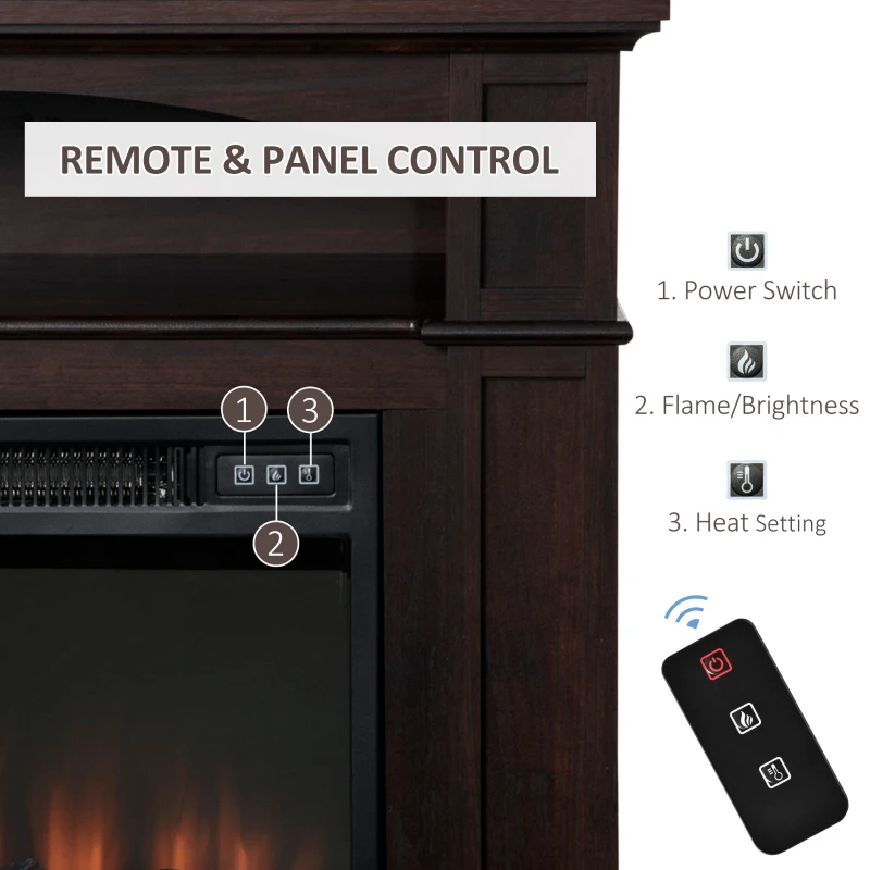 HOMCOM 32" Electric Fireplace with Mantel, Freestanding Heater with LED Log Flame, Shelf and Remote Control, 1400W, Dark Coffee