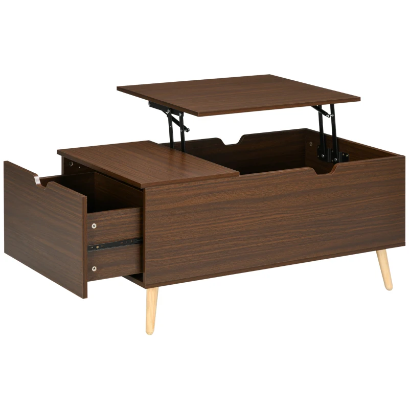 HOMCOM Coffee Table with Wood Legs, Lift Top Coffee Table with Drawer, Hidden Compartment, 38.6" x 21.3" x 18.9", Brown