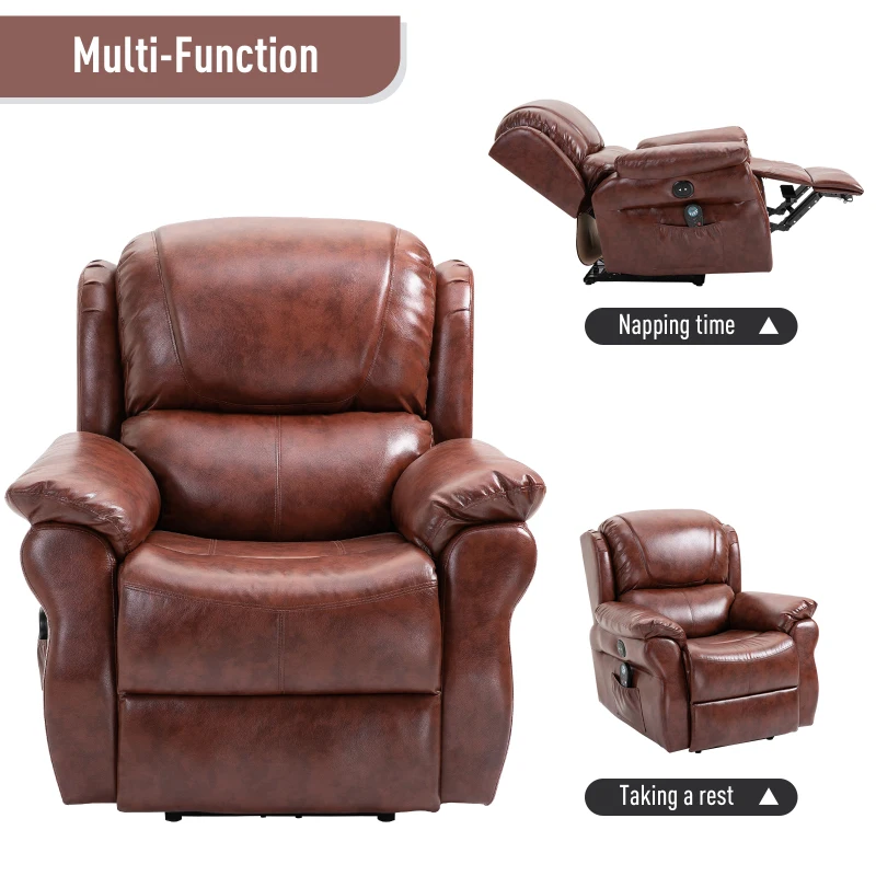HOMCOM PU Leather Recliner Chair with Massage, Vibration, Muti-function Ergonomic Lounge Padded Sofa Chair with Remote Control for Dining Living Room, Brown