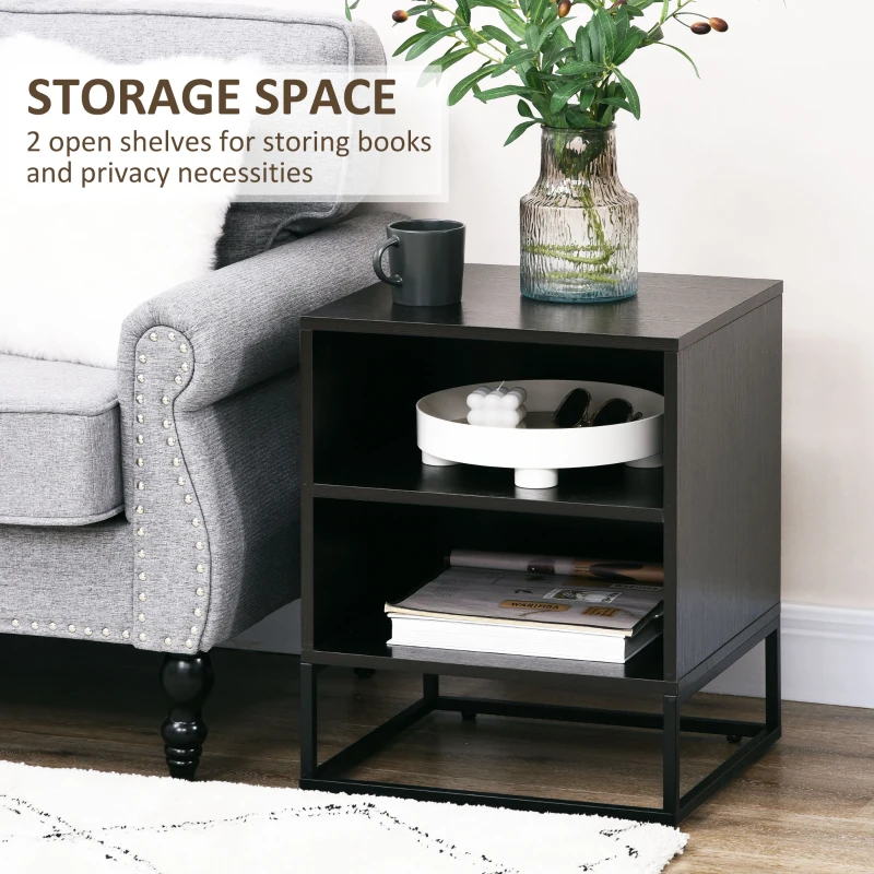 HOMCOM Nightstand, Bedside Table with Storage Shelves, Side End Table with Steel Legs for Bedroom, Black