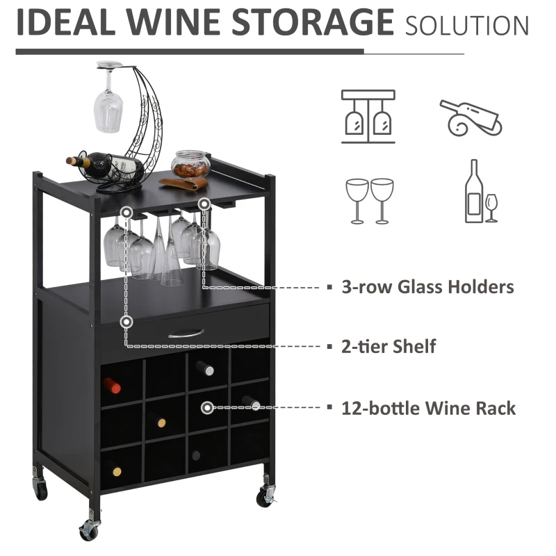 HOMCOM Rolling Kitchen Trolley Serving Cart with Drawer, Cup Holder and Wine Rack Storage Cabinet Kitchen Island Cart with Wheels, Black